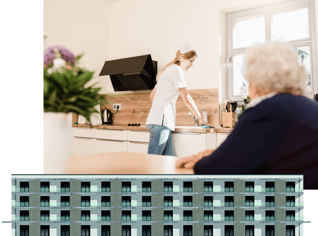 Innenansicht und Gebäudeansicht des Pflegezentrums
